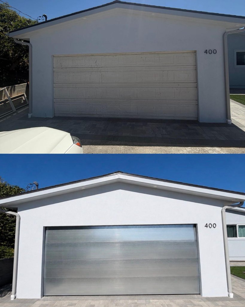 Before and after garage door replacement showing dramatic curb appeal improvement at a Los Angeles home