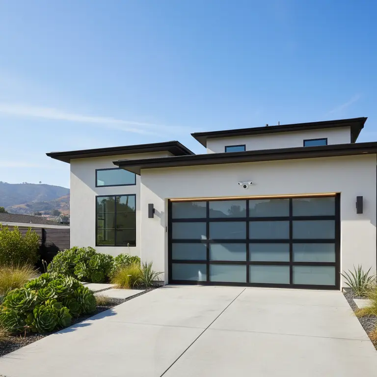 Modern home featuring a sleek smart garage door design